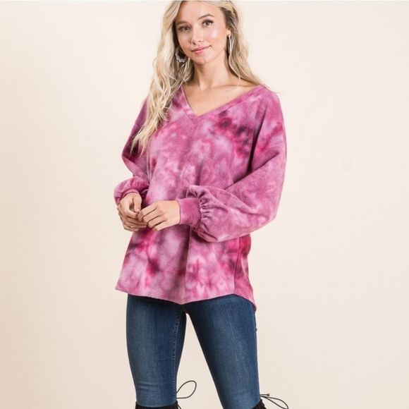 Soft Magenta V-Neck Tie Dye Top - Picture 5 of 5